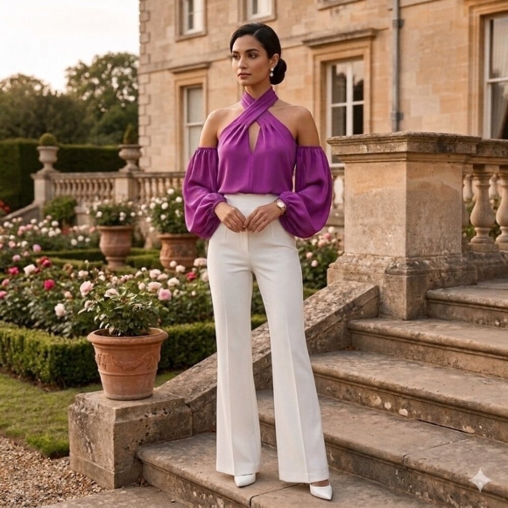 Boutique Vintage Keyhole Choker Off Shoulder Bishop Sleeve Satin Top